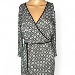 Ann Taylor LOFT Blue and Black Patterned Long Sleeve Dress